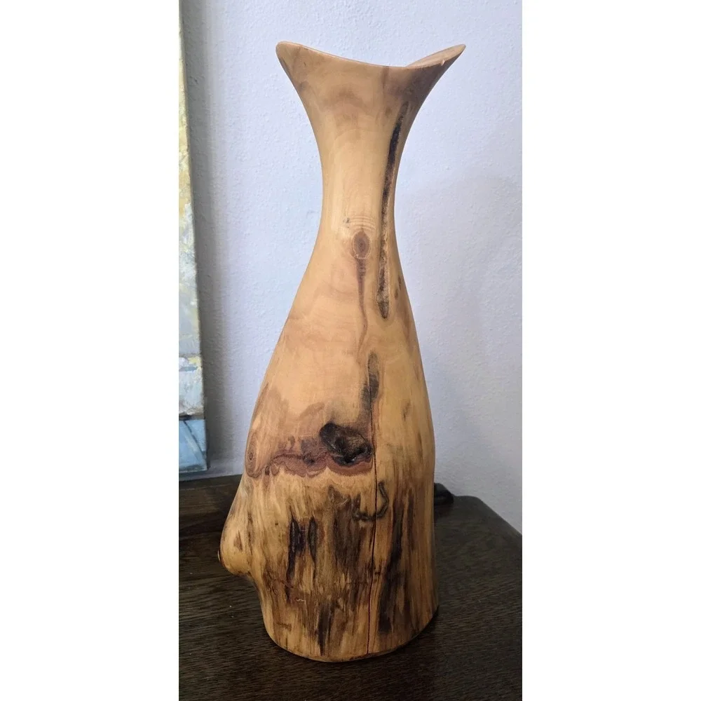 Turned Wooden Vase Rustic Knotty Asymmetrical Flared Rim Solid Piece of Wood 15